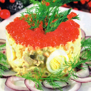 Салаты овощные - Оливье с красной икрой